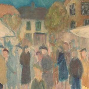 Image of 1950's, Swedish Oil Painting, 'Flower Market'