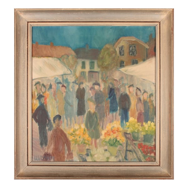Image of 1950's, Swedish Oil Painting, 'Flower Market' 