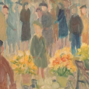 Image of 1950's, Swedish Oil Painting, 'Flower Market'