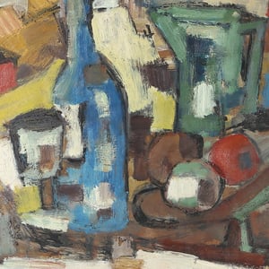 Image of Mid Century, 'Blue Bottle' Swedish Still Life Painting 