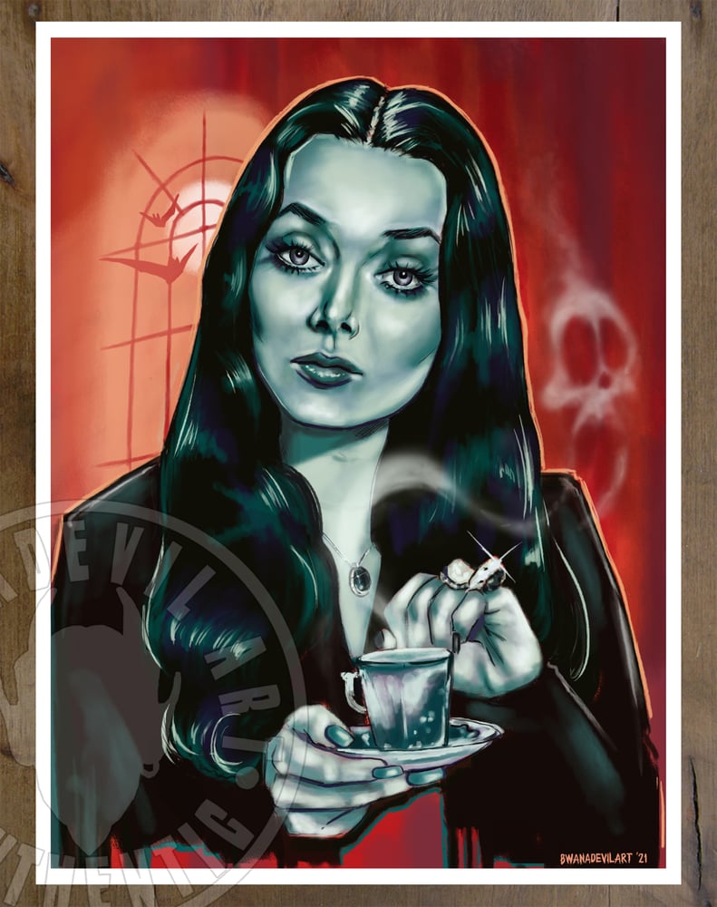 Image of Morticia Addams Tea Time Art Print (9x12 in.)