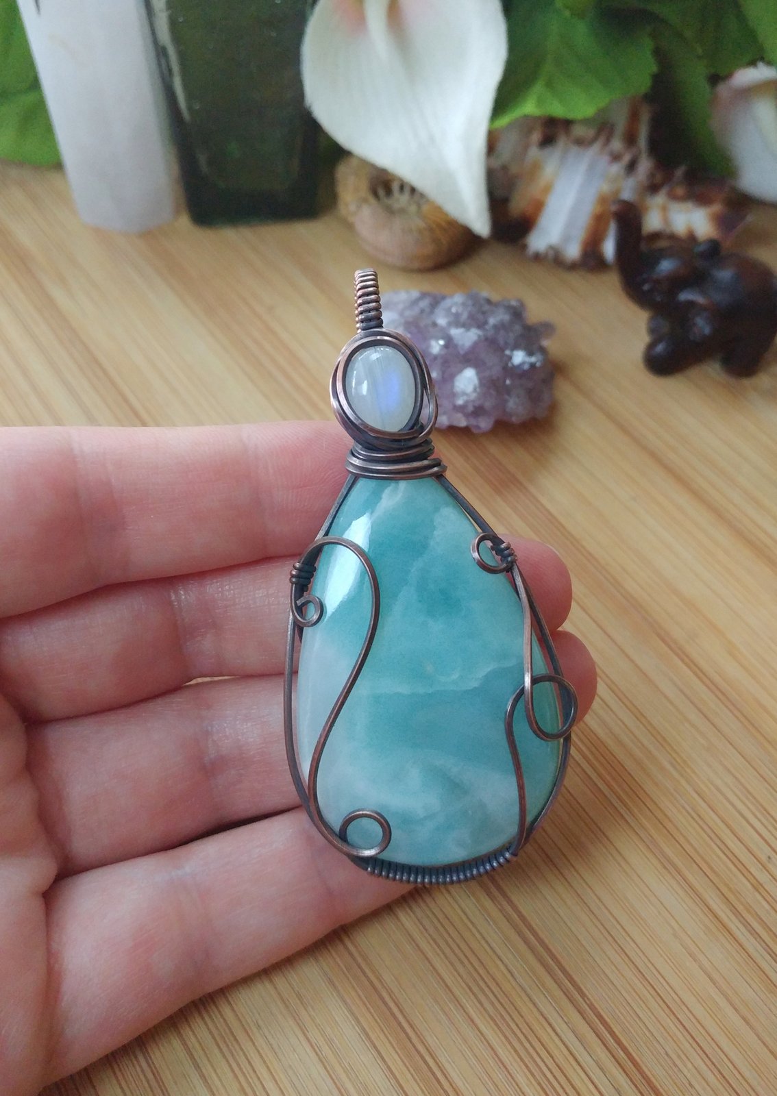 Sterling Silver Wire Wrap Pendant With Larimar and Moonstone  Wire wrap pendant necklace  larimar necklace  moonstone pendant