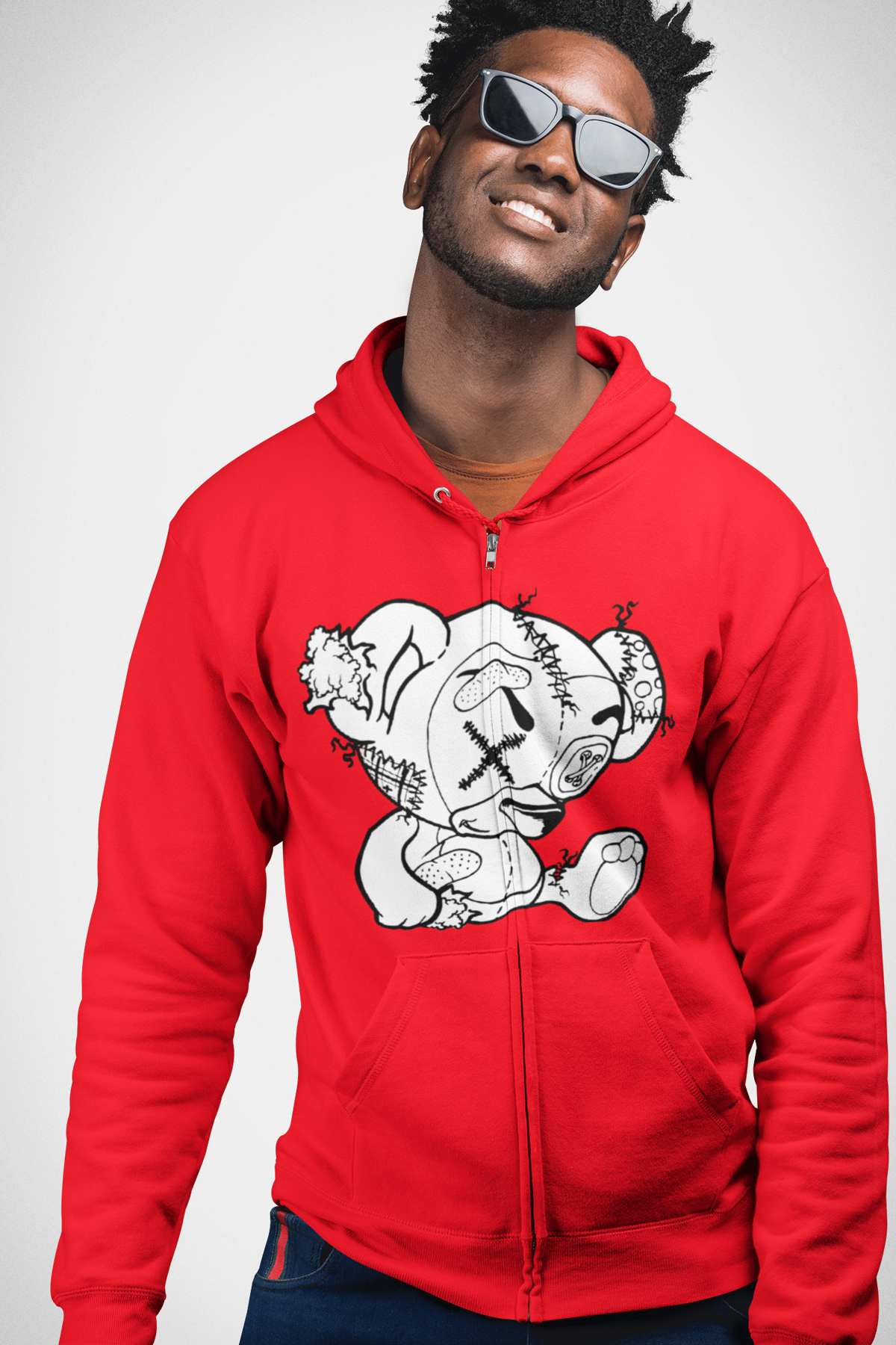 Image of WHITE  "BARRY THE BEAR"  RED ZIP UP HOODIE (click for color options)