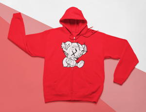 Image of WHITE  "BARRY THE BEAR"  RED ZIP UP HOODIE (click for color options)