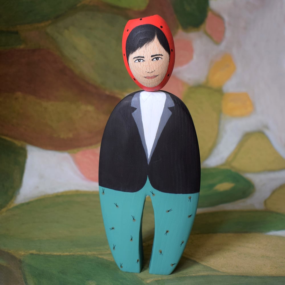 Image of FicuLui 07 wooden doll  with black blazer