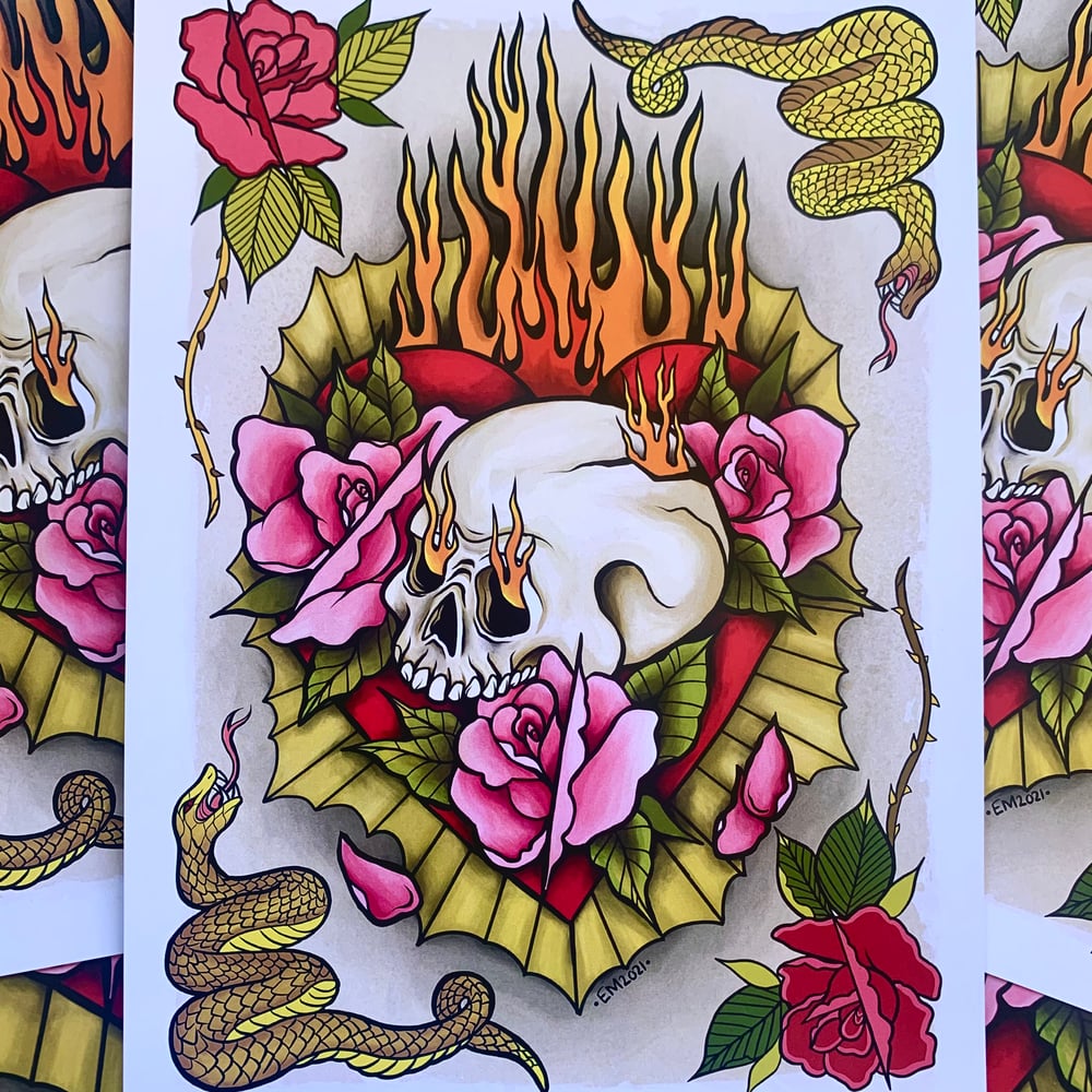 Burning Skull Sacred Heart Art Print