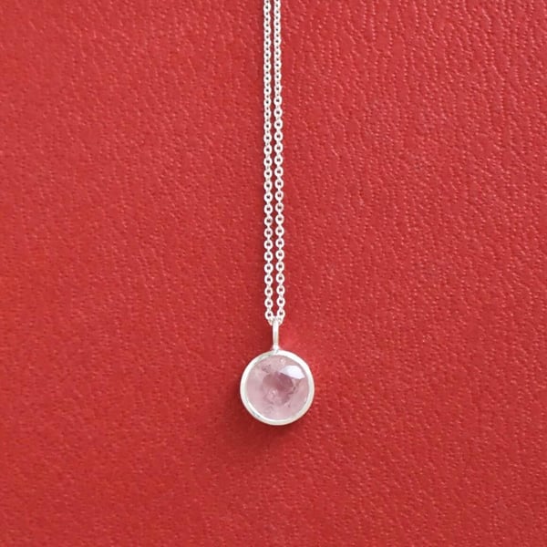 Image of Rose Quartz round cut silver neckace