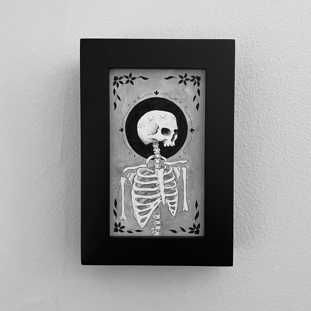 Original Ink And Watercolor skeleton nimbus in frame