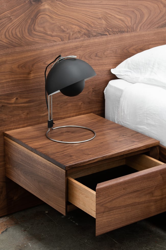 FLOATING BED WITH SOFT CLOSE DRAWERS IN AMERICAN WALNUT
