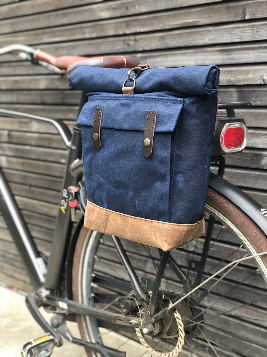 Image of Blue E-bike pannier / Electric bike bag / waterproof bicycle bag / Bicycle bag in waxed canvas / Bik