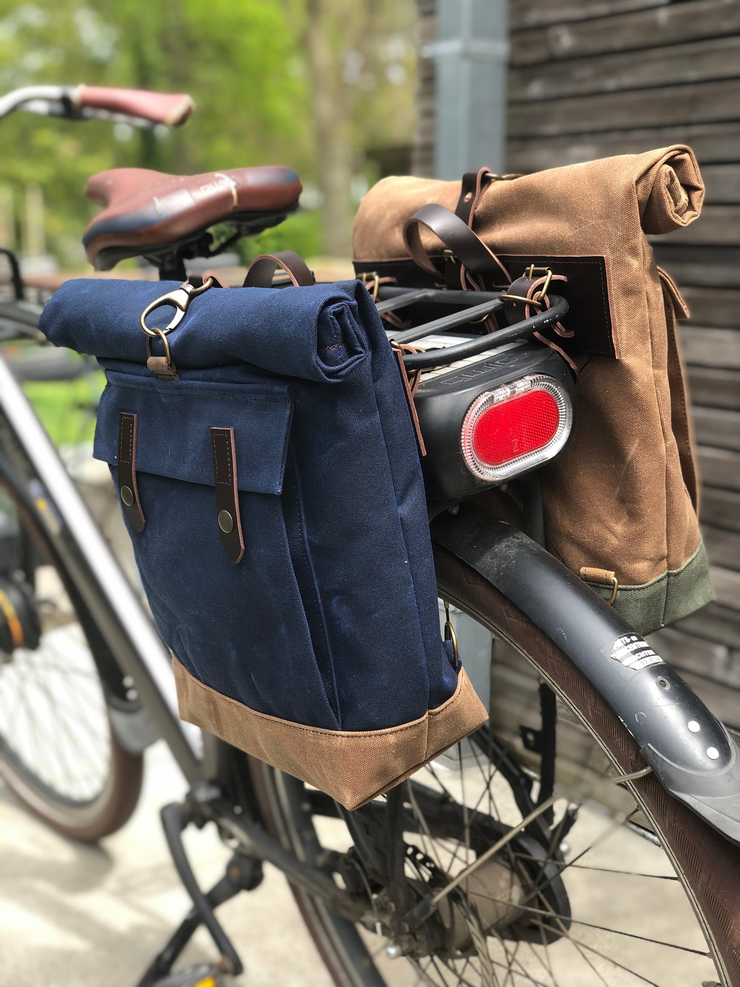 Waxed canvas top bike panniers