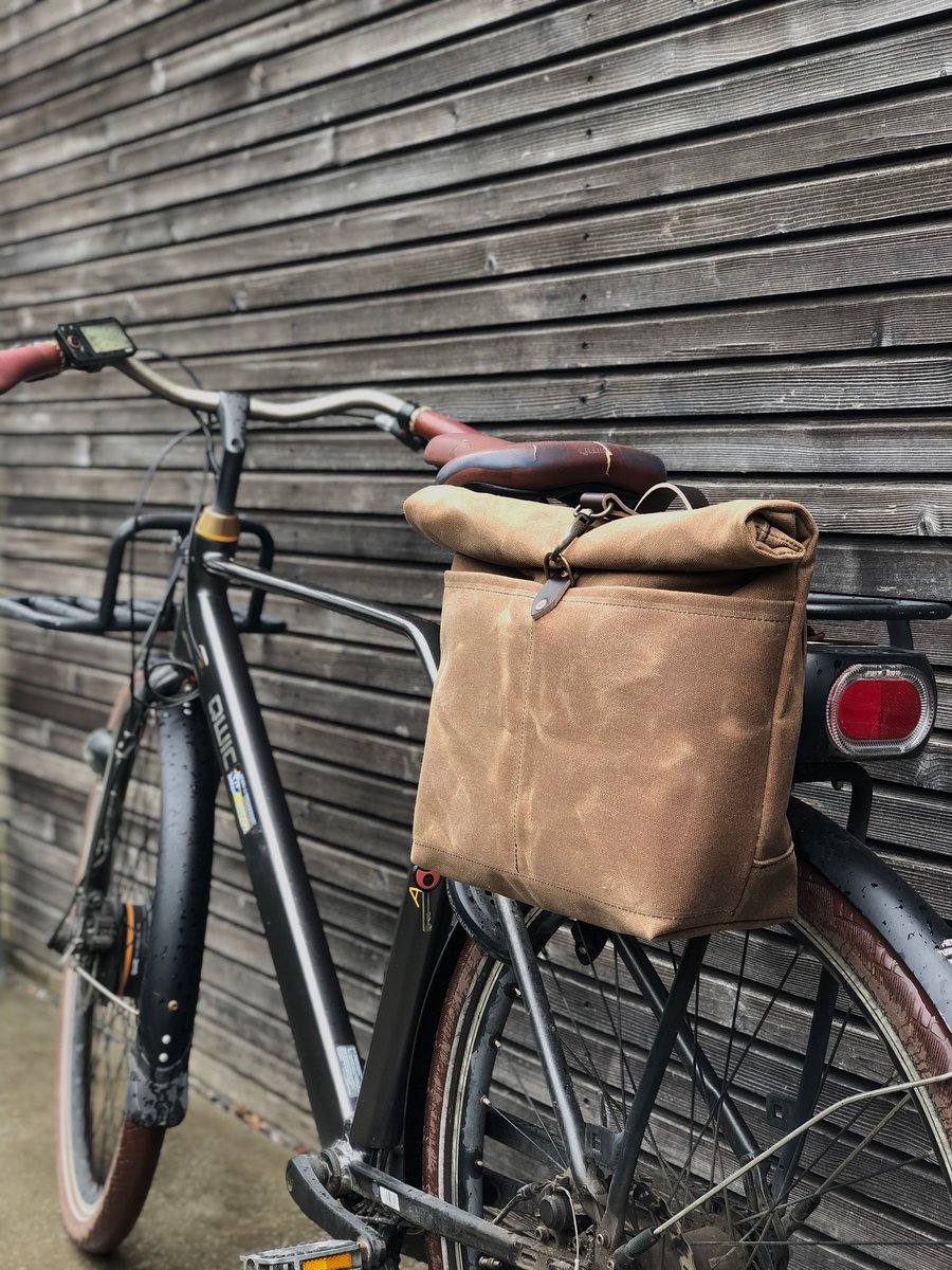 Image of Tan waxed canvas saddlebag for Super73  Motorcycle bag Bicycle bag in waxed canvas Bike 