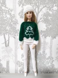 Christmas Clothes for Barbie Dolls. Handmade Dark Green Sweater with Tree, Hat & White Leggings