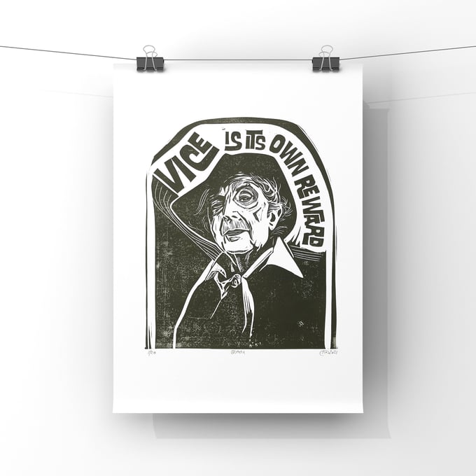 Image of Quentin Crisp.  Hand Made. Original A3. linocut print. Limited and Signed. Art.