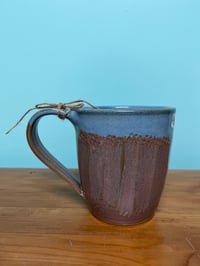 Image 1 of Blue lip over pink glazed mug, medium wider