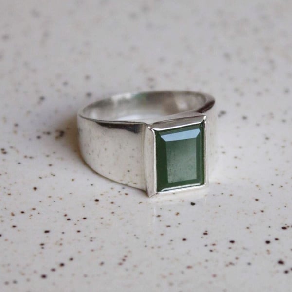 Image of Vietnam Green Jade rectangular cut wide band silver ring
