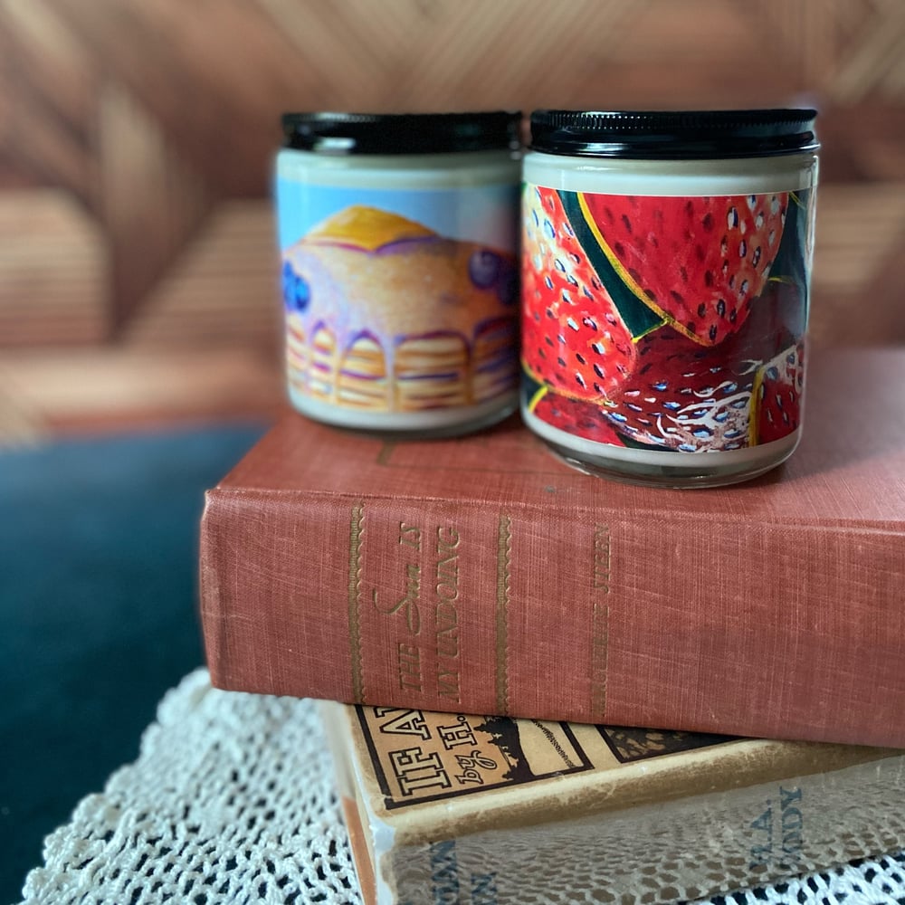 “Big Stacks” Soy Candle featuring art by Sarah Spillers 