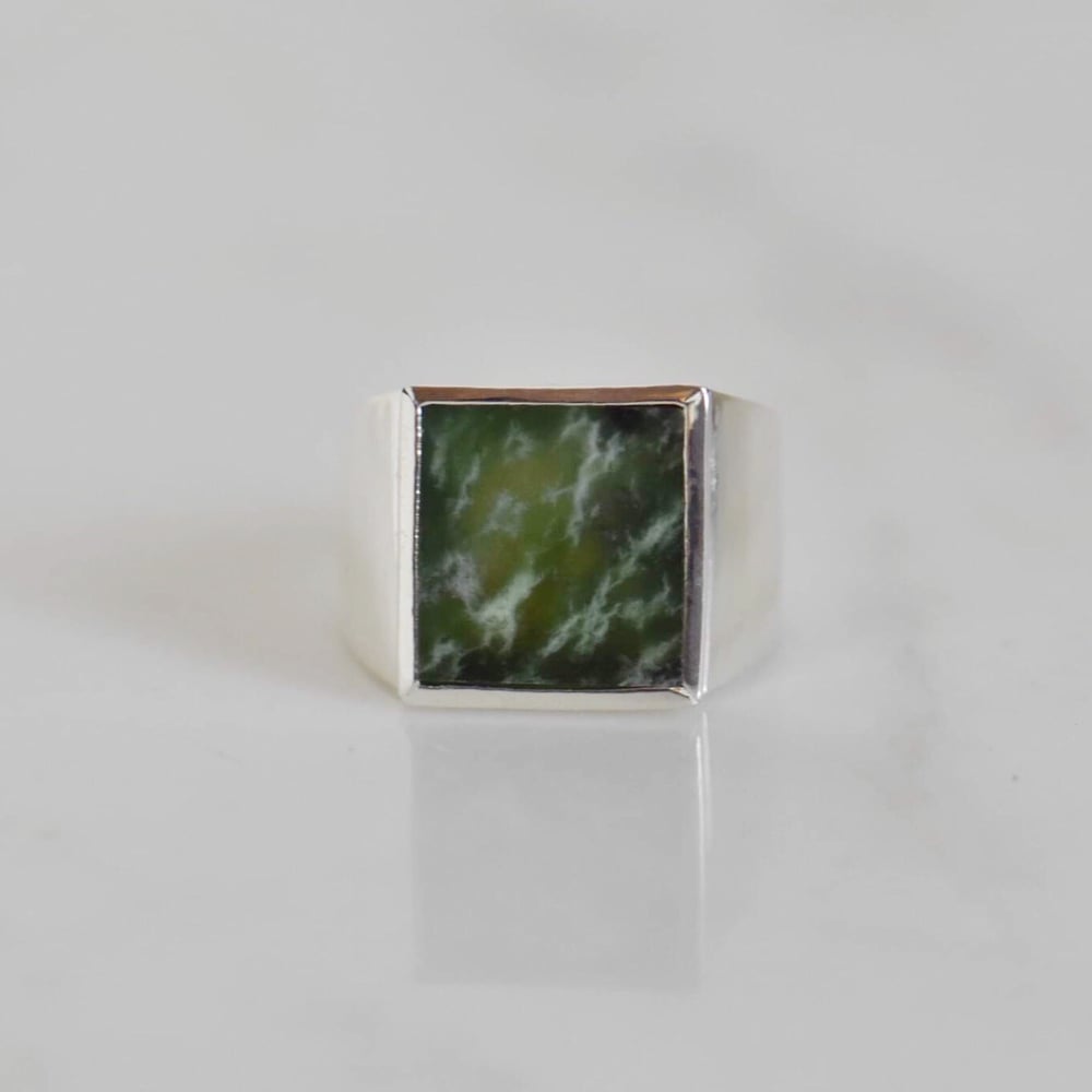 Image of Myanmar Green Jade flat square cut wide band silver ring