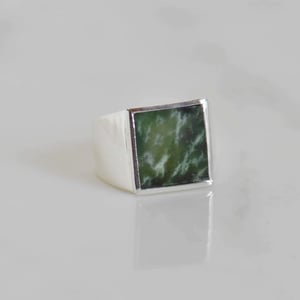 Image of Myanmar Green Jade flat square cut wide band silver ring