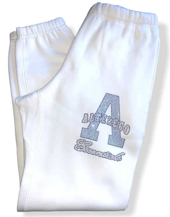 Image of White Sweatpants Blue/Pearl Rhinestone