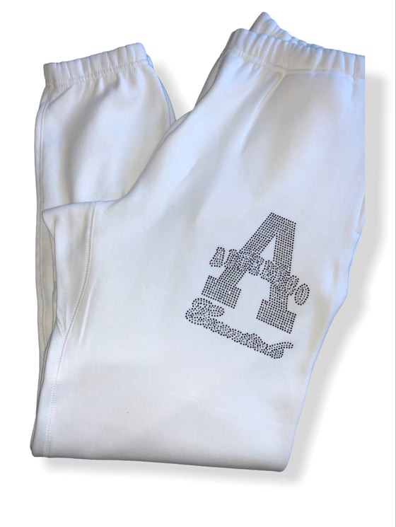 Image of White Sweatpants Smoke Grey/Plum Rhinestone