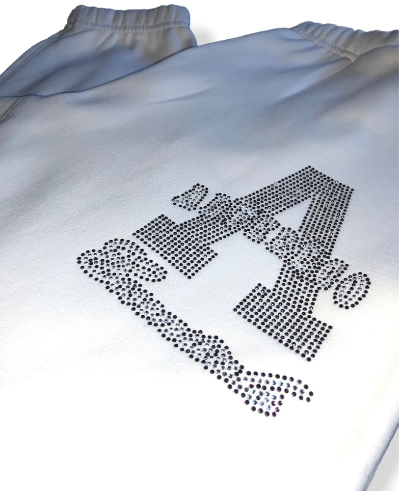 Image of White Sweatpants Smoke Grey/Plum Rhinestone