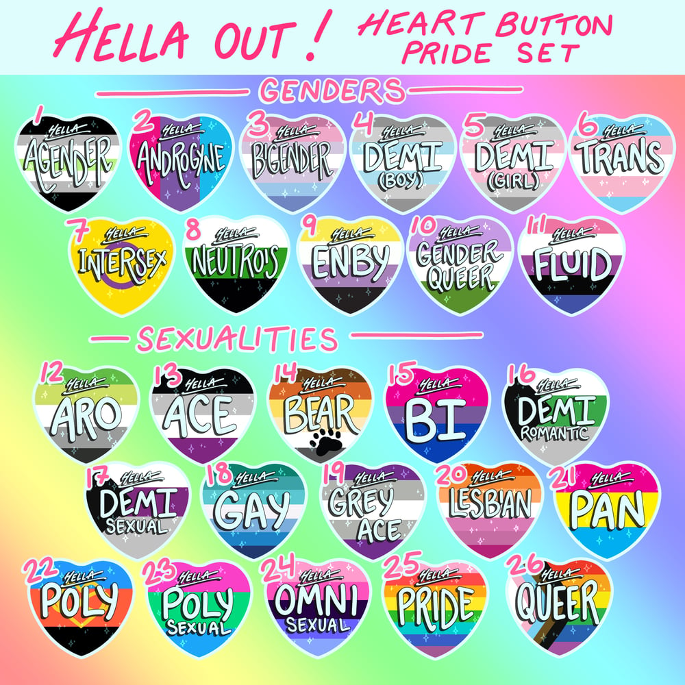 Hella Out! Pride Heart Buttons!