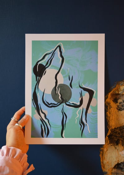 Image of a4 'green with blue body' print