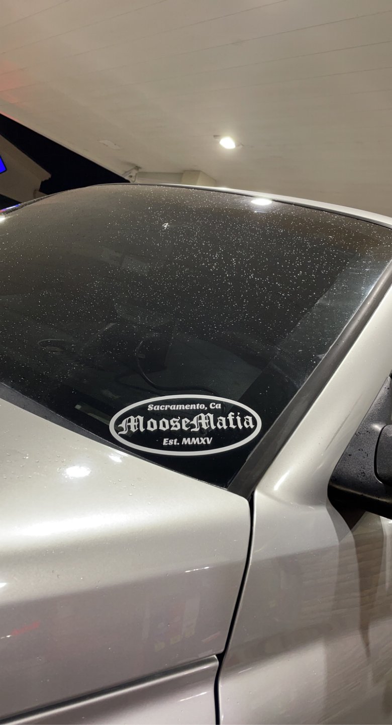 Image of 4”x8” “MooseMafia, EST MMXV, Sacramento CA” Decal (White)
