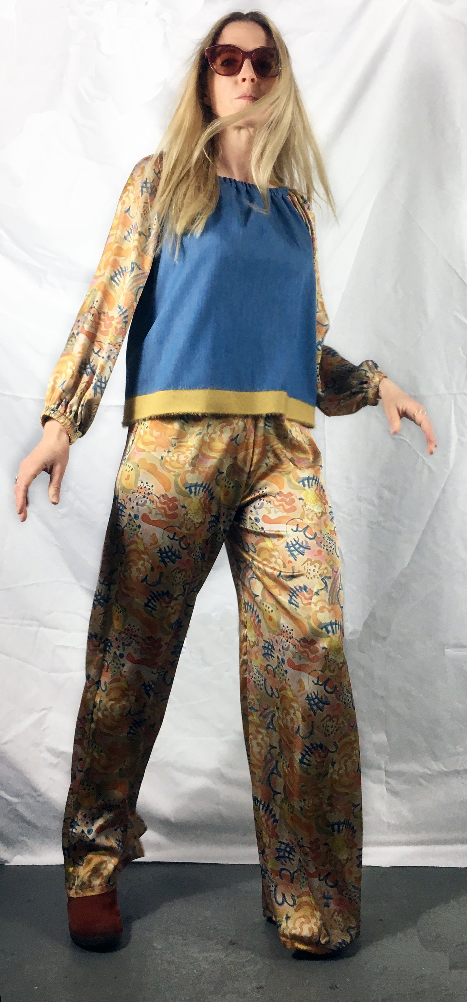 Image of Wide fit, 100% Faux- Silk trousers in Charleston.