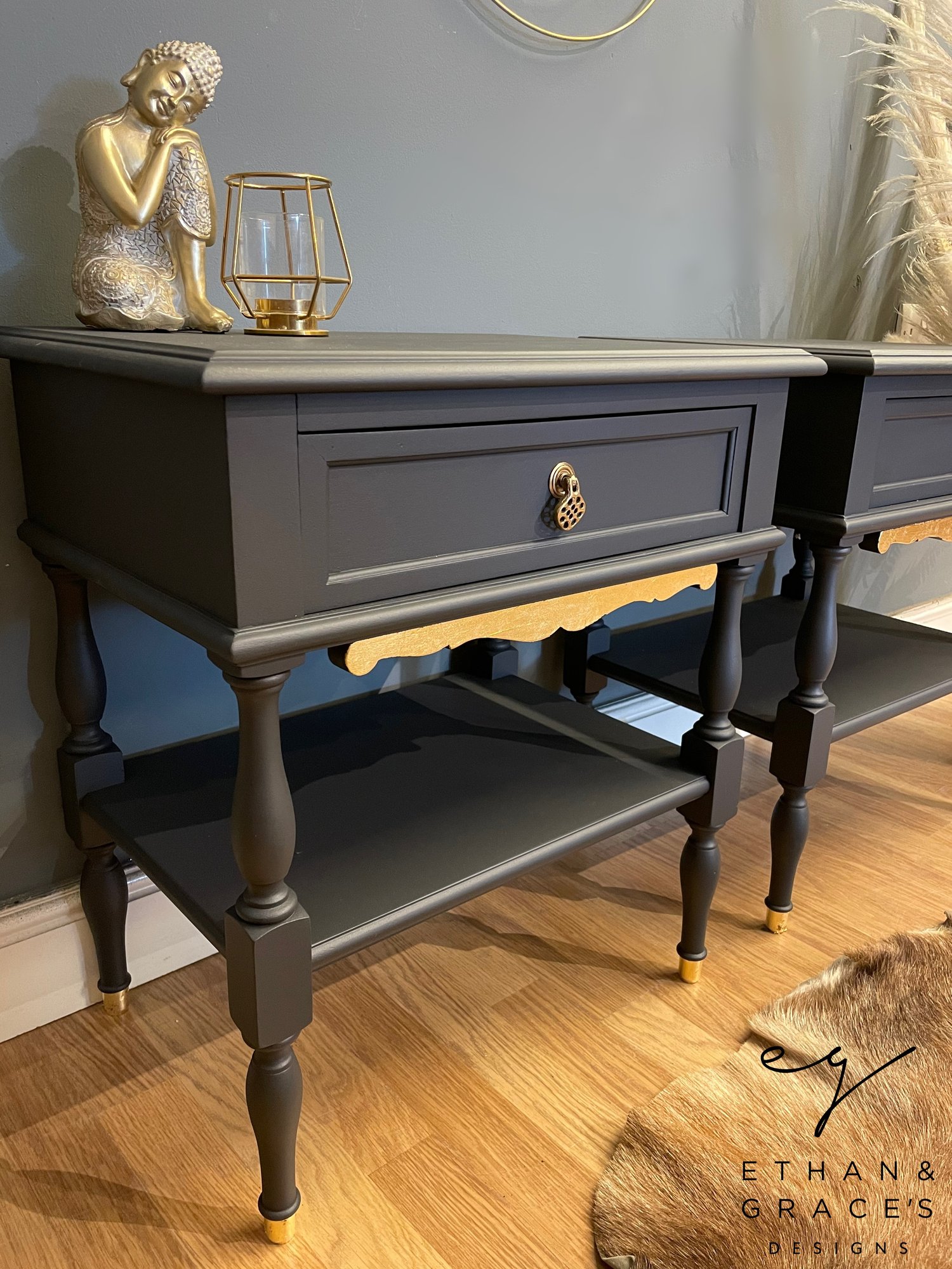 Image of Stunning dark grey & gold leaf bedside tables