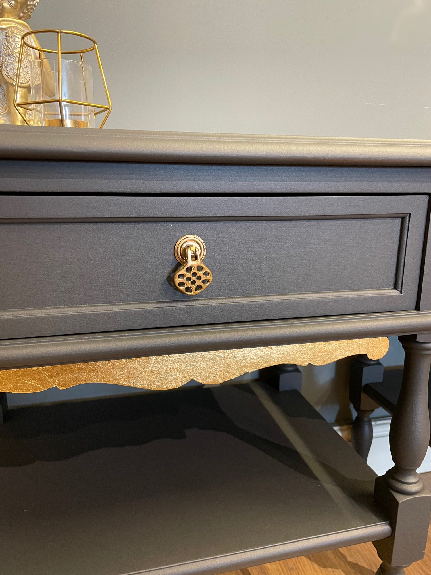 Image of Stunning dark grey & gold leaf bedside tables