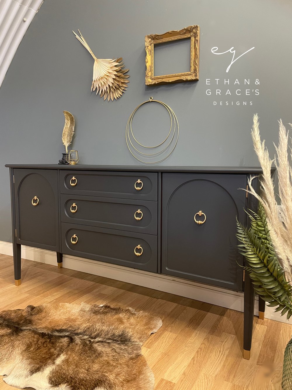 Image of G Plan sideboard in dark grey & gold 