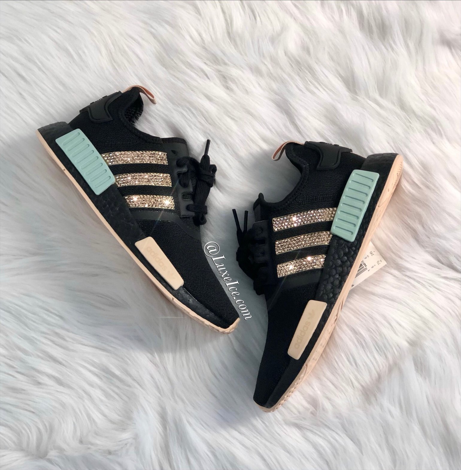 Adidas NMD R1 Women's Sneaker Core Black/Gold Metallic/Halo Amber customized with Swarovski Crystals | Luxe Ice Adidas NMD R1 Women's Sneaker Core Black/Gold Metallic/Halo Amber customized with Swarovski Crystals | Luxe Ice