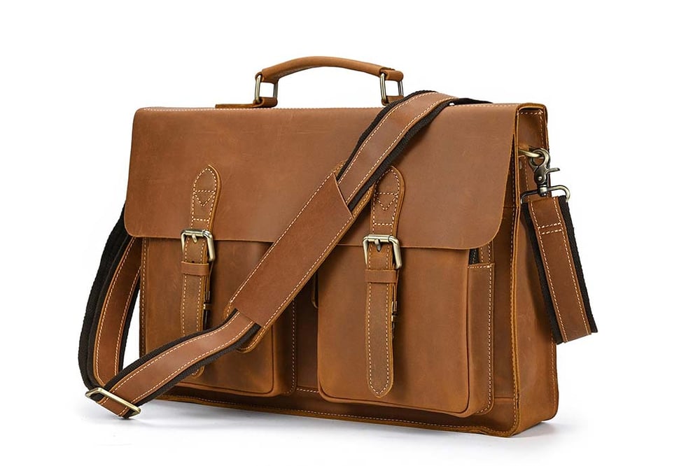 Image of Handcrafted Full Grain Tan Brown Leather Mens Briefcase Business Handbag Laptop Bag for Laywer 0344