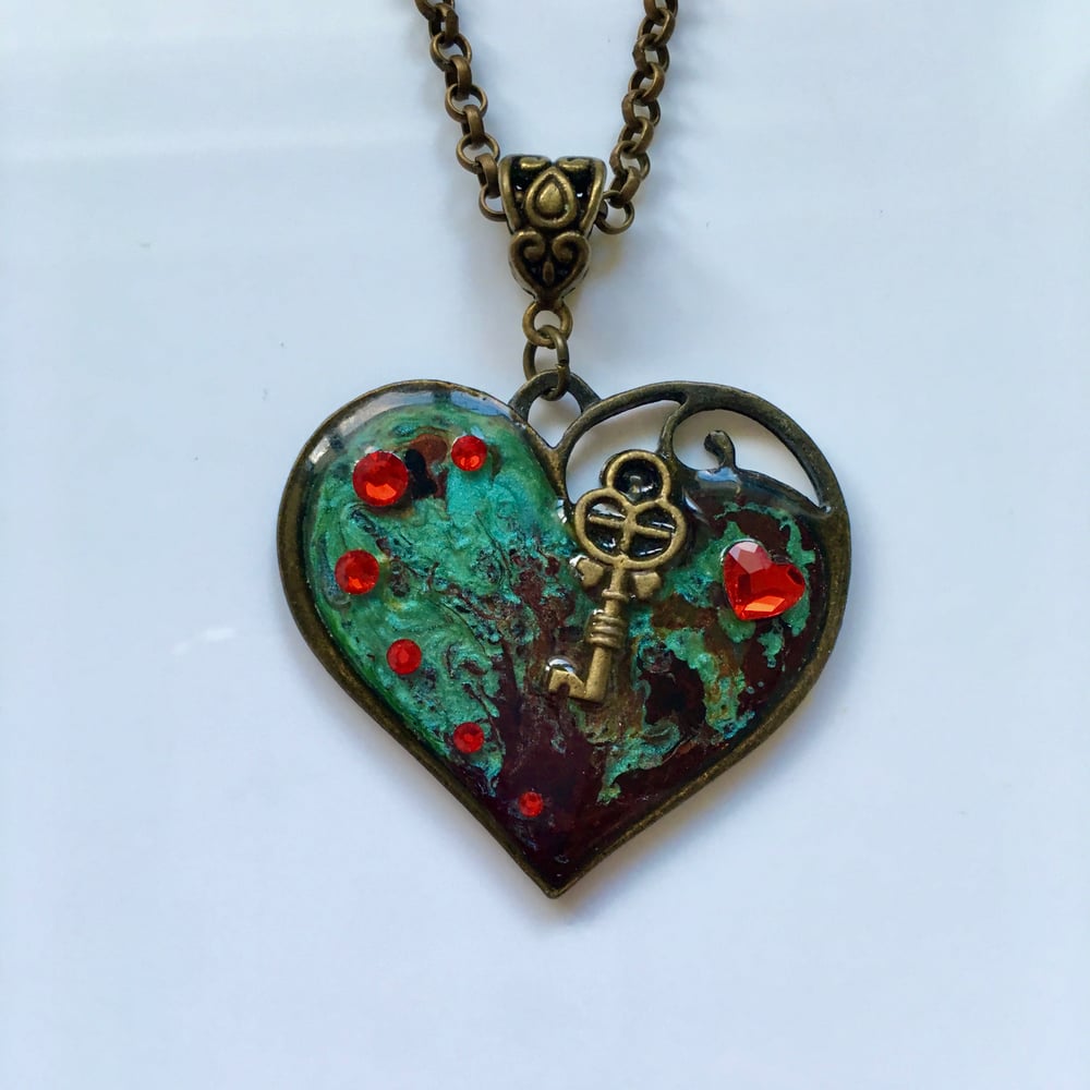 Wonderland Painted Heart Key Pendant