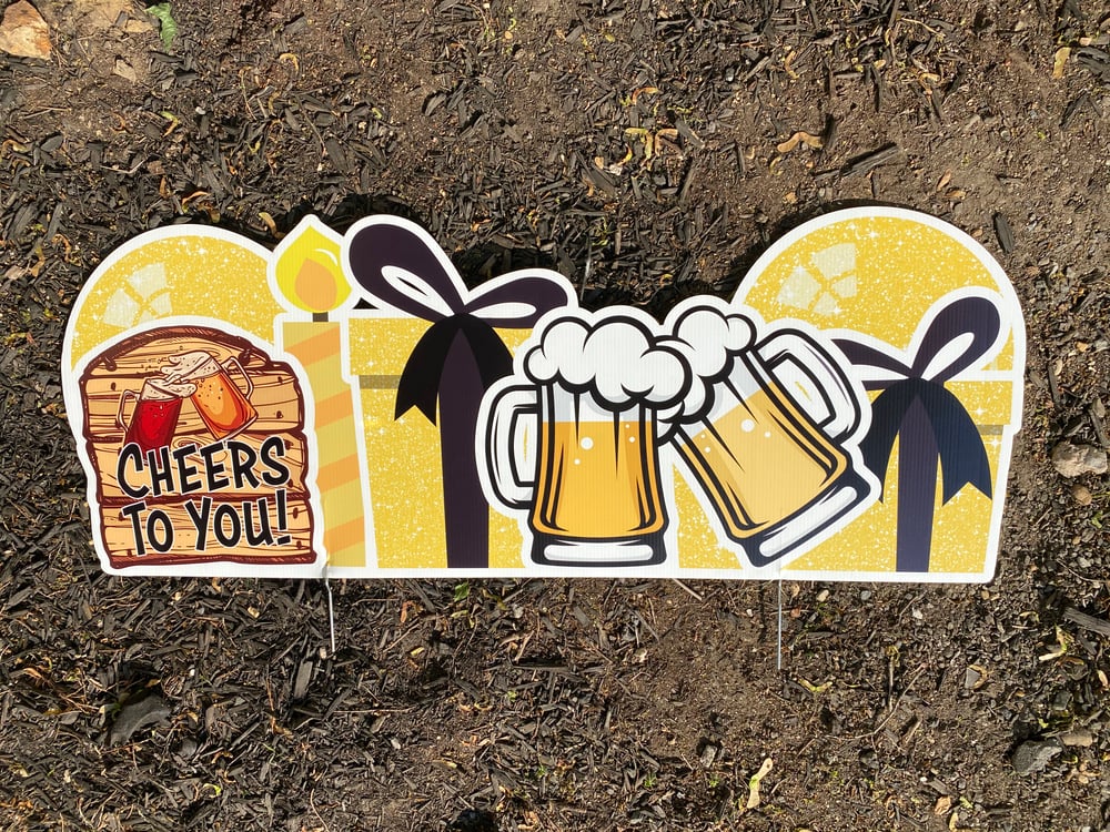 Personalized Cheers and Beers Happy Birthday Double Yard Card Signs with Stakes:Package Easy Setup