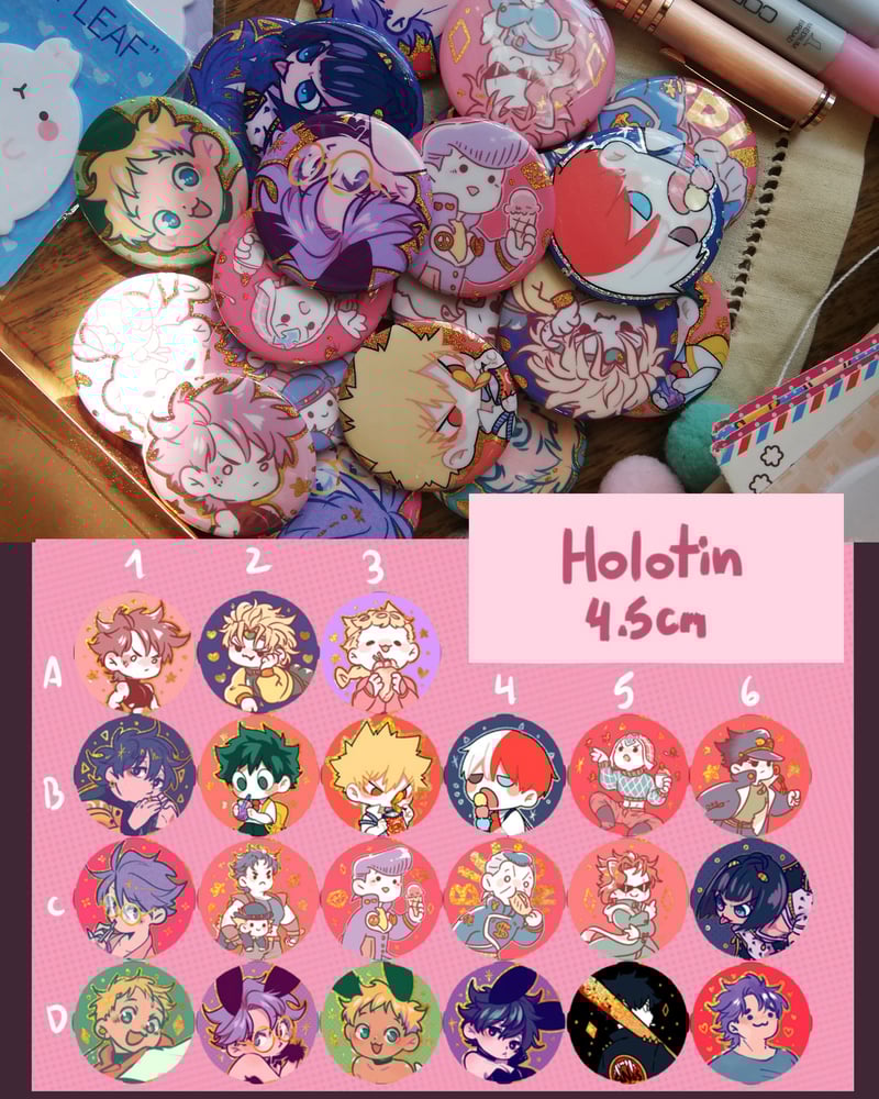 Image of Holo tin plate badge(4.5cm) JJBA/BNHA/ OC