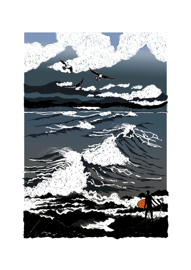 Wave Project Contemplation print - surfer watching big waves with seagulls flying in stormy sky