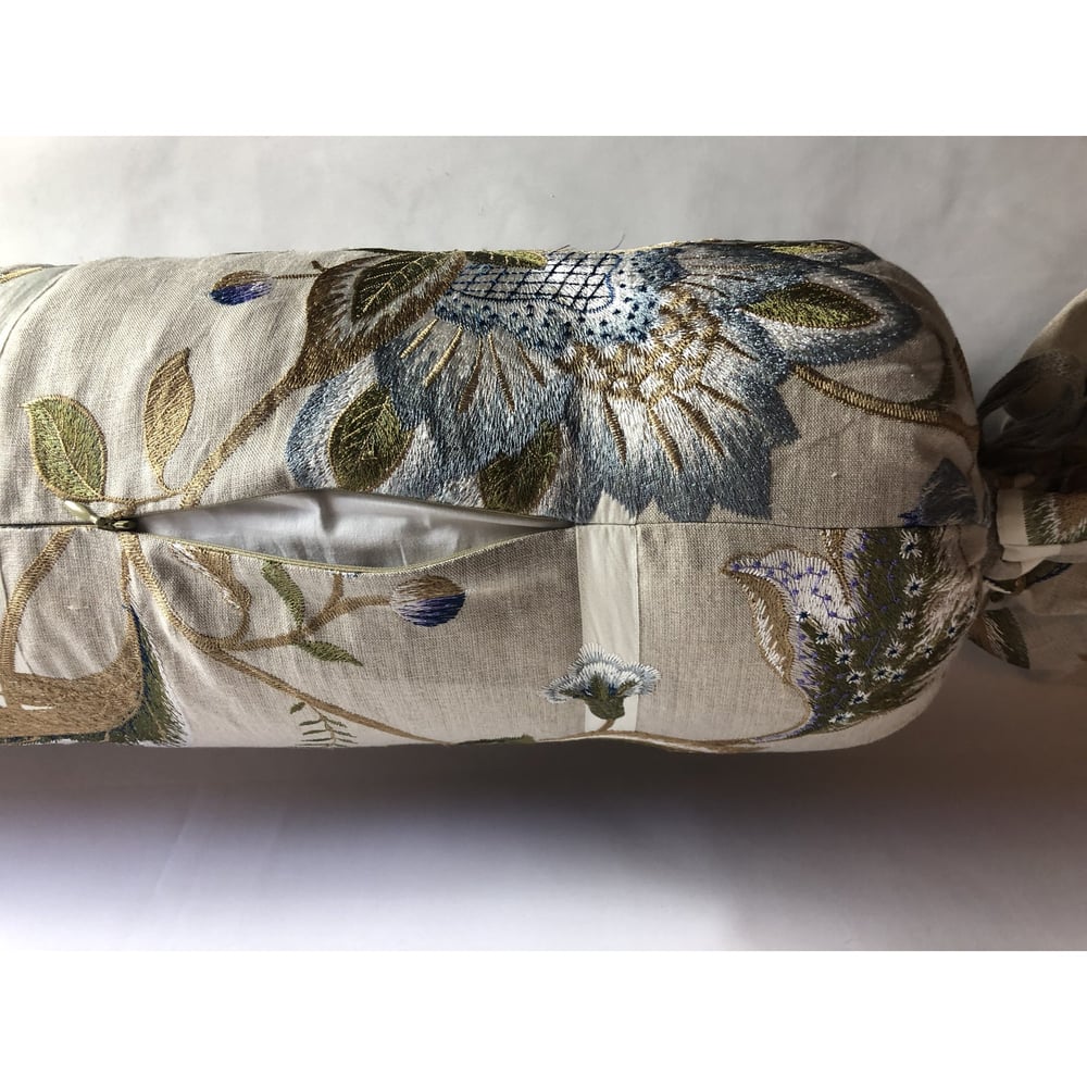 Cowtant and Tout Designer Linen and Embroidered Bolster Pillow