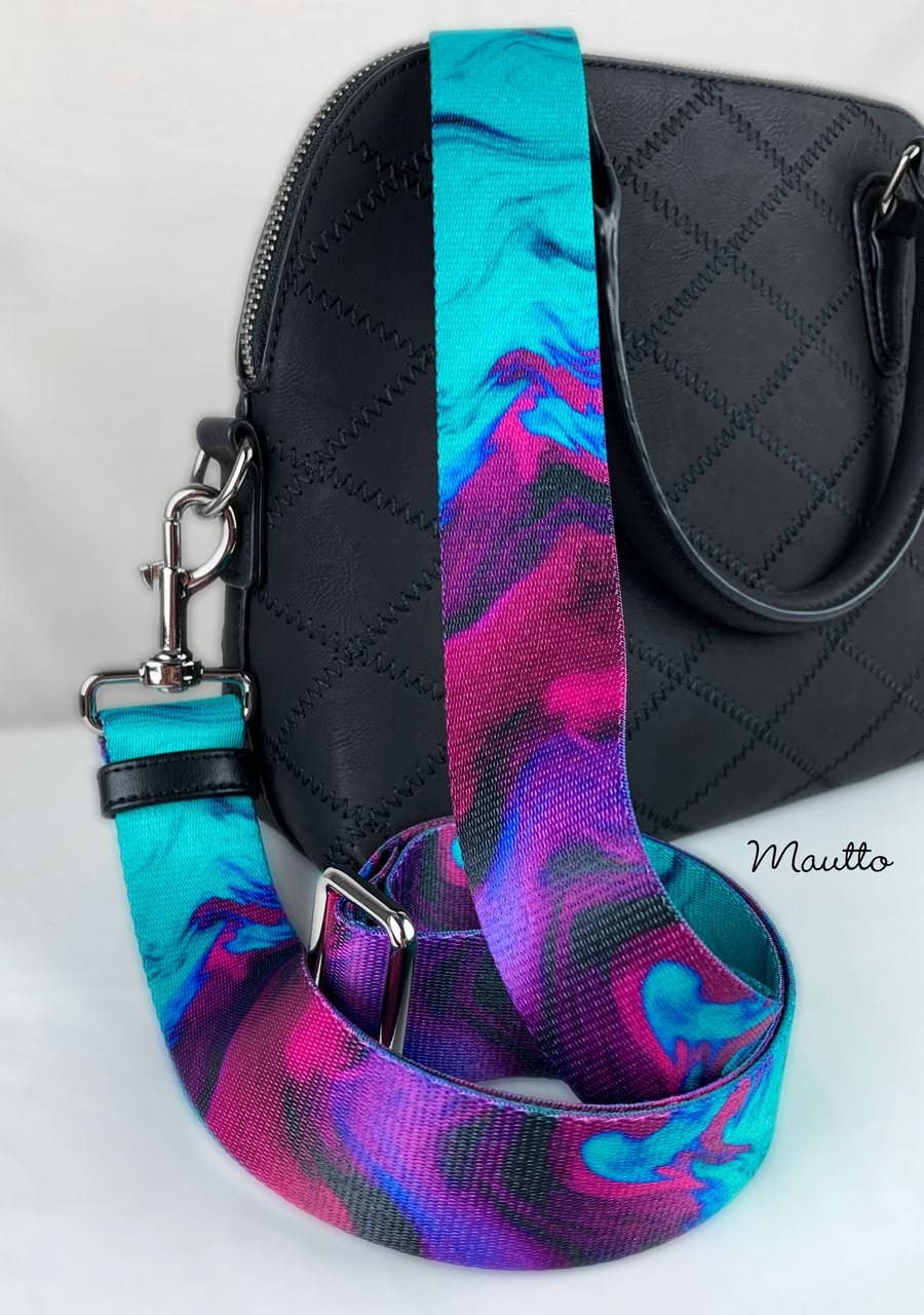 Image of Turquoise Purple Swirl Strap - 1.5" Wide Nylon - Adjustable Length - Dog Leash Style #19 Hooks