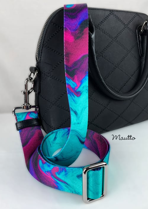 Image of Turquoise Purple Swirl Strap - 1.5" Wide Nylon - Adjustable Length - Dog Leash Style #19 Hooks