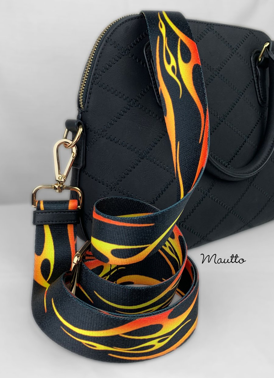Image of Hot Rod Flames Strap for Bags - 1.5" Wide Nylon - Adjustable Length - Tear Drop Shape #14 Hooks