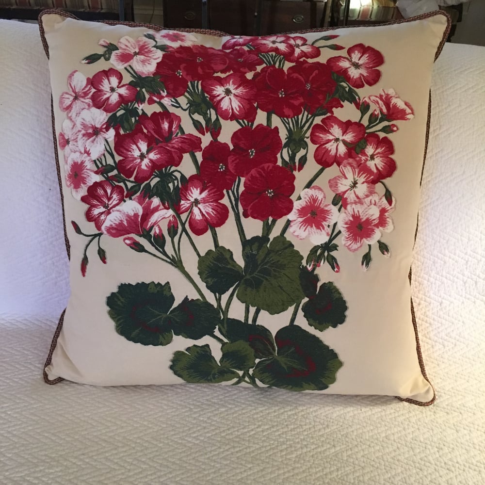 “Geranium” Embroidered Woven Designer Pillow With 90/10 Down Insert