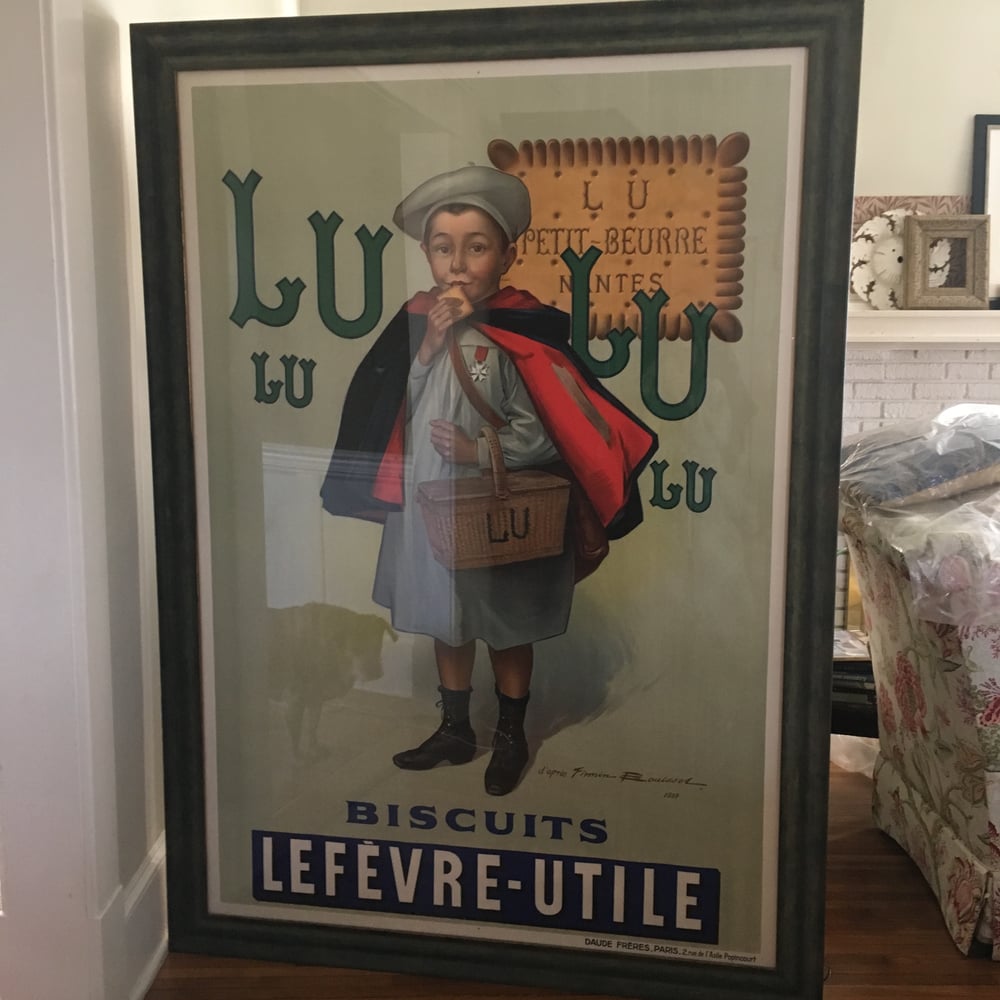 Authentic Antique Lithograph LuLu Le Petit Ecolier Grande Poster in Recent Larson Juhl Frame