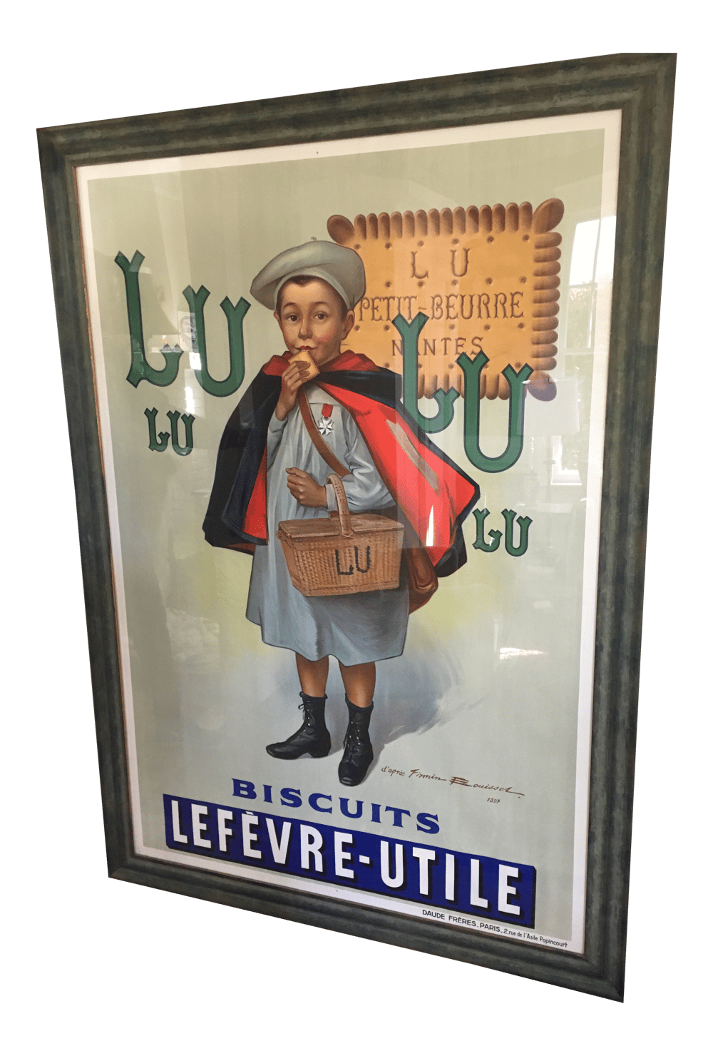 Authentic Antique Lithograph LuLu Le Petit Ecolier Grande Poster in Recent Larson Juhl Frame