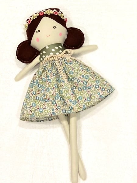 Image of Handcrafted Heirloom Doll with dark brown hair 