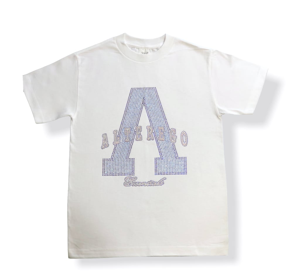 Image of White Tee Blue/Pearl Rhinestone