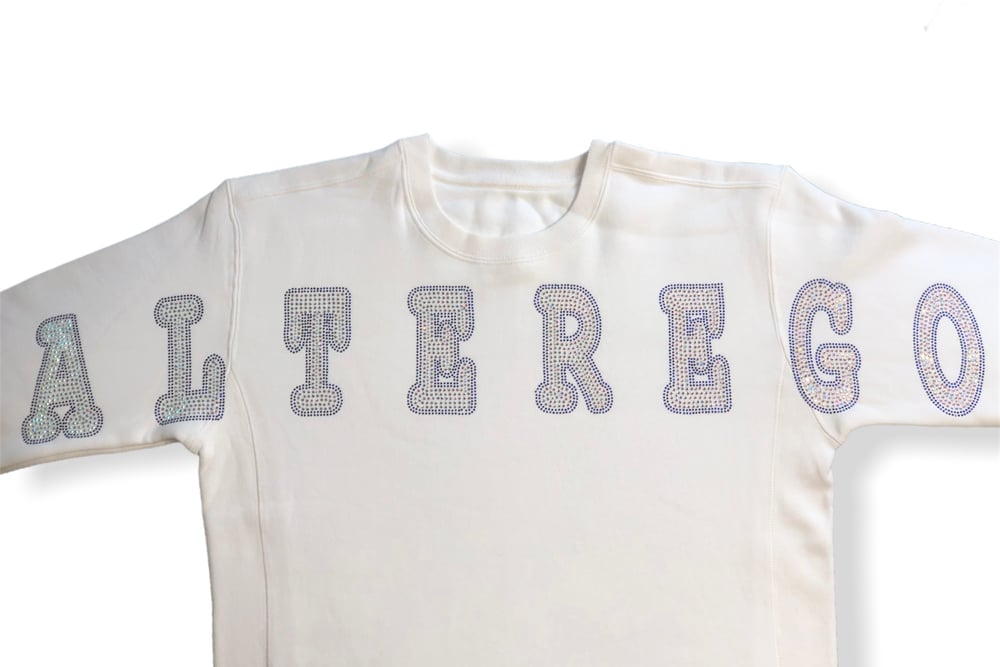 Image of White Crewneck Pearl/Blue Rhinestone