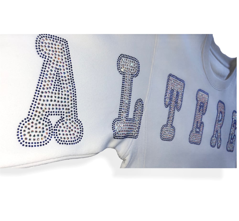 Image of White Crewneck Pearl/Blue Rhinestone